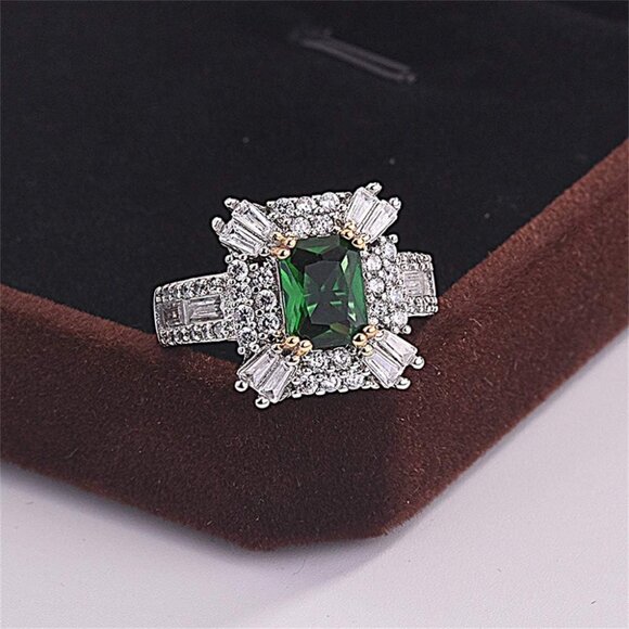 Vintage 925 Sterling Silver Emerald Ring Cocktail Rings Square Cut Green Gem Cub - Picture 4 of 4